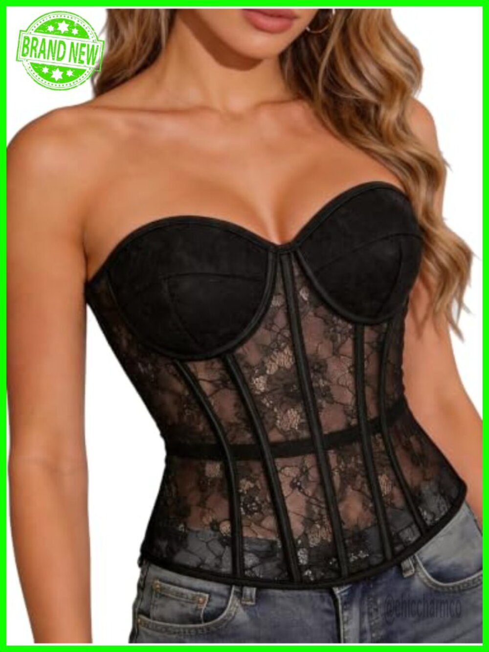 Strapless Lace Corset Top Sweetheart Neck Lace-Up Boned Waist Shaping Crop Top